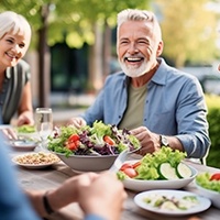 older people smiling, talking, and eating together